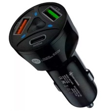 CARREGADOR VEICULAR 2 USB + TIPO-C, QC 3.0, 55W