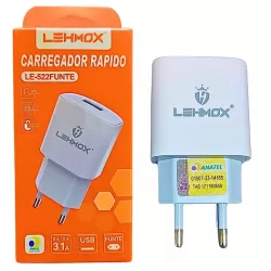 CARREGADOR CELULAR LEHMOX LE-522FUNTE C/ 1 USB